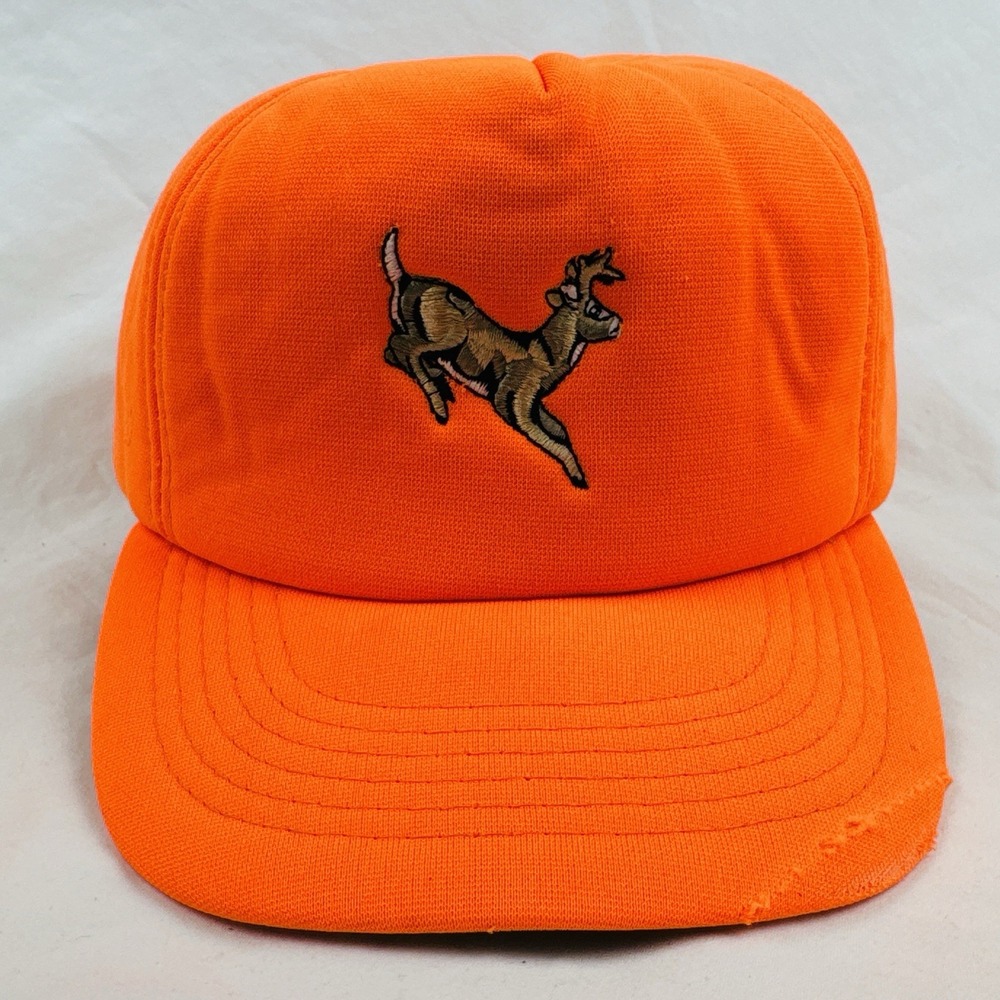 Vintage 90s Duck Bay Embroidered Deer Hat Blaze Orange Insulated Snapback Cap